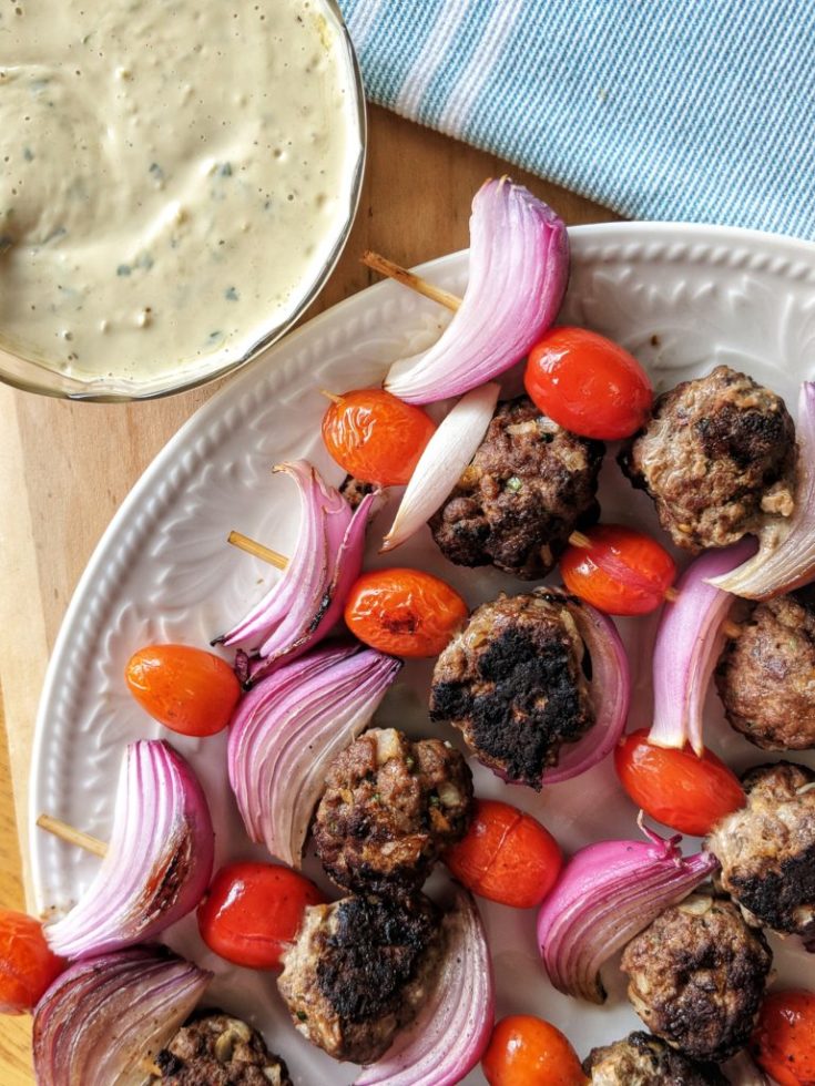 BEEF KOFTA MEATBALL KEBABS WITH LEMON HERB TAHINI SAUCE