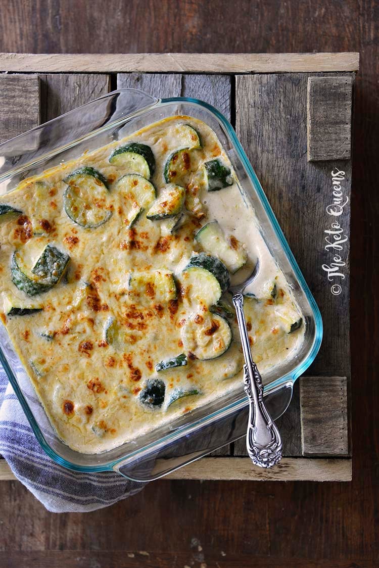 30-Minute Keto Zucchini Beer Macaroni and Cheese on Wooden Table