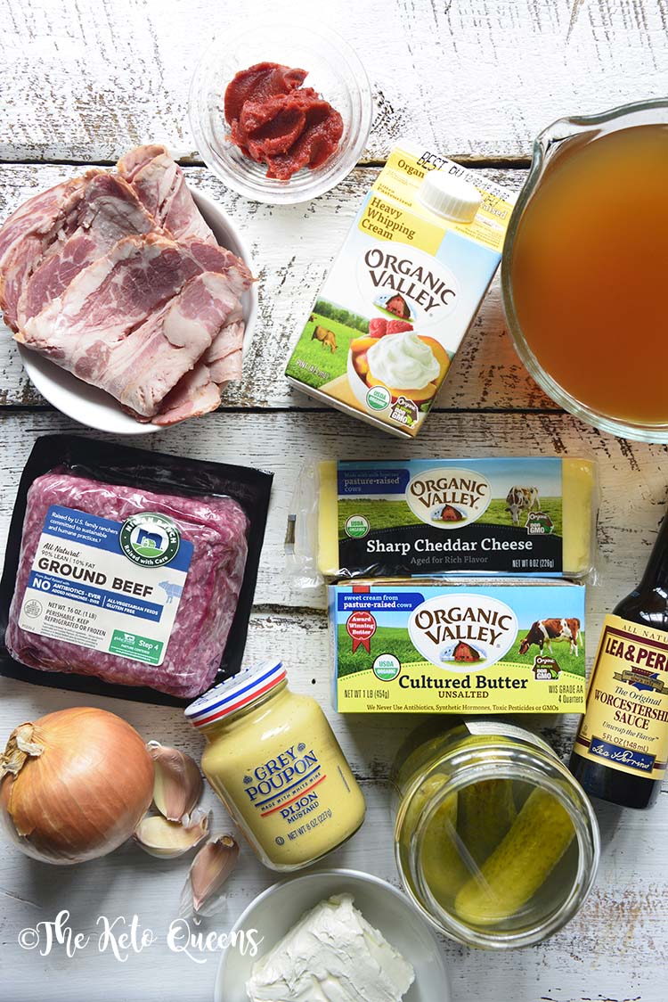 ingredients for Keto Bacon Cheeseburger Soup
