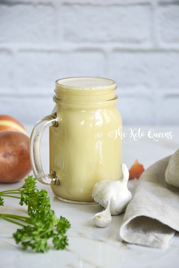 Chicken Bulletproof Bone Broth Recipe in a glass mason jar