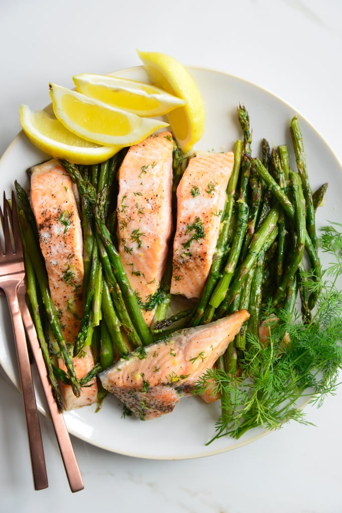 Butter Dill Baked Salmon Recipe with Roasted Asparagus