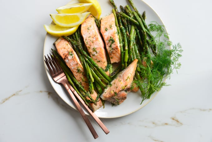 Butter Dill Baked Salmon Recipe with Roasted Asparagus