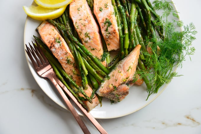 Butter Dill Baked Salmon Recipe with Roasted Asparagus