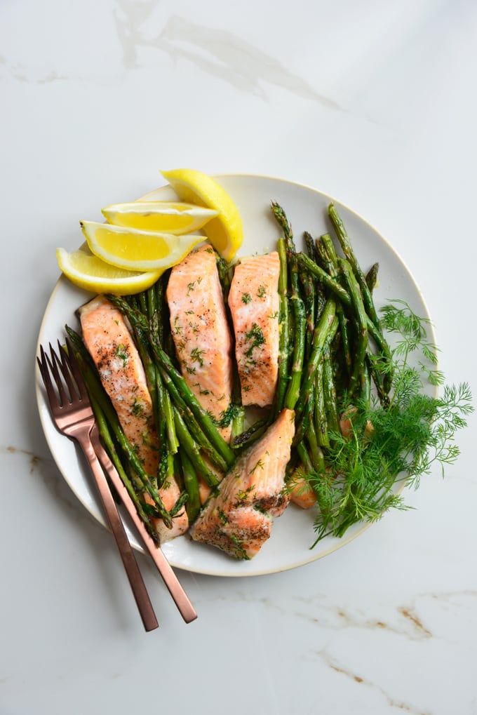 Butter Dill Baked Salmon Recipe with Roasted Asparagus