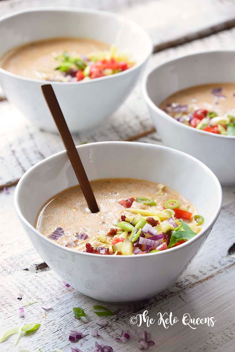 closeup image of 3 bowls of Keto Bacon Cheeseburger Soup