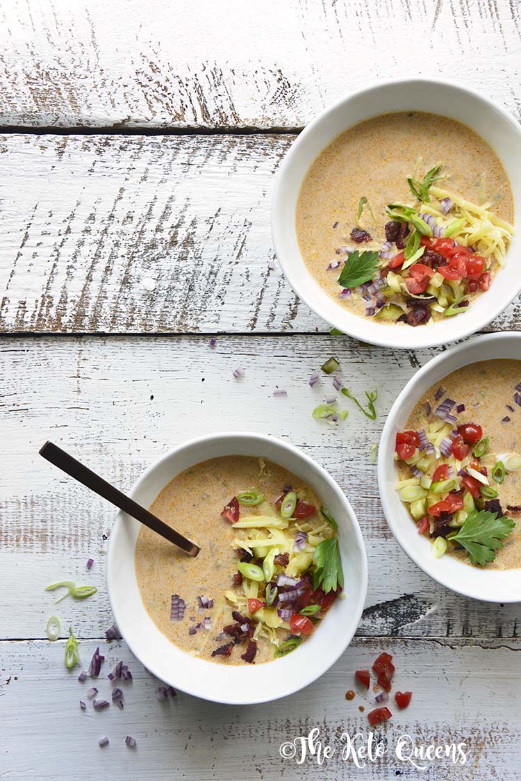 over head shot of 3 bowls of Keto Bacon Cheeseburger Soup