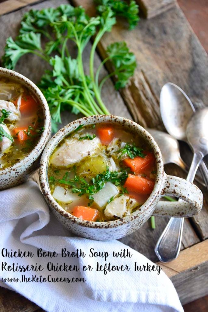 This Leftover Chicken Bone Broth Soup is every bit as hearty and comforting as a regular bowl of Chicken Noodle Soup! We guarantee you won’t miss the noodles!