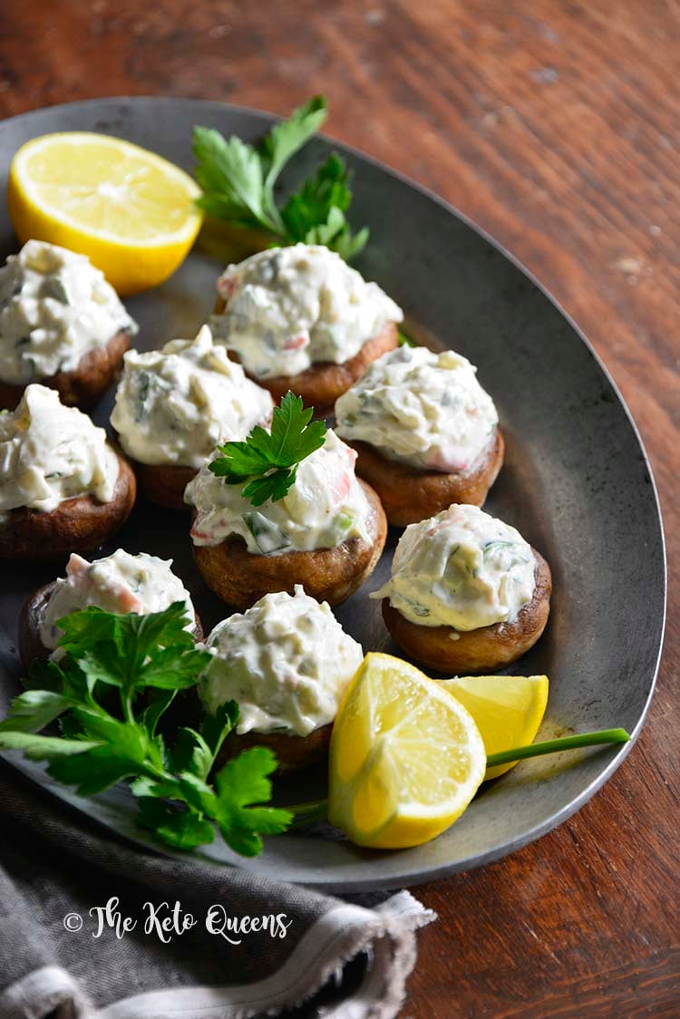 Chilled Old Bay Crab Salad Low Carb Stuffed Mushrooms on Platter