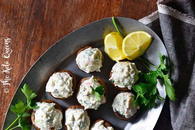 Close Up of Chilled Old Bay Crab Salad Low Carb Stuffed Mushrooms