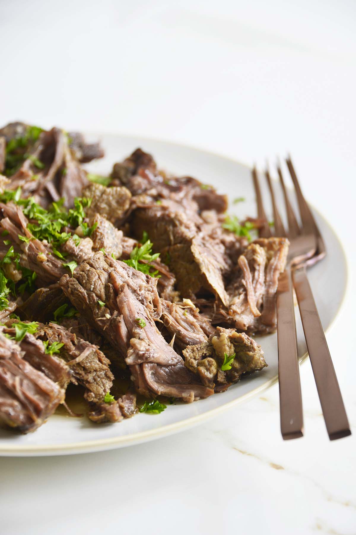 close up front view of pulled beef