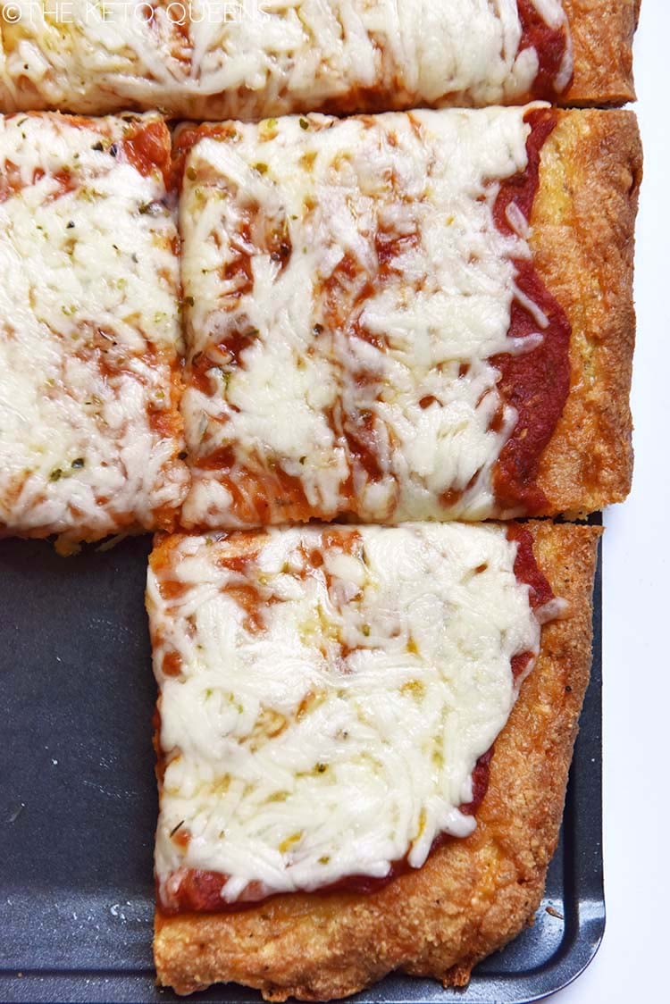 close up top view of keto deep dish pizza