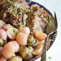 instant pot pot roast with radishes on a white background