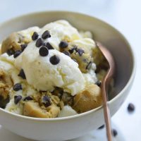 easy keto chocolate chip cookie dough ice cream in a bowl with a rose gold spoon