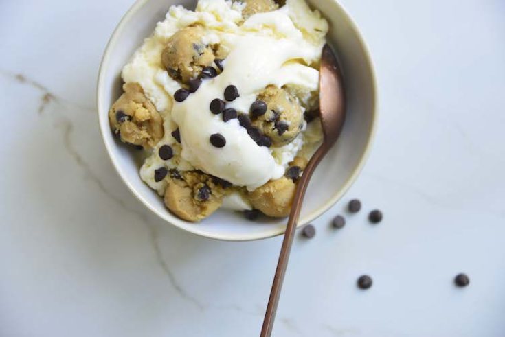 easy keto chocolate chip cookie dough ice cream in a bowl with a rose gold spoon