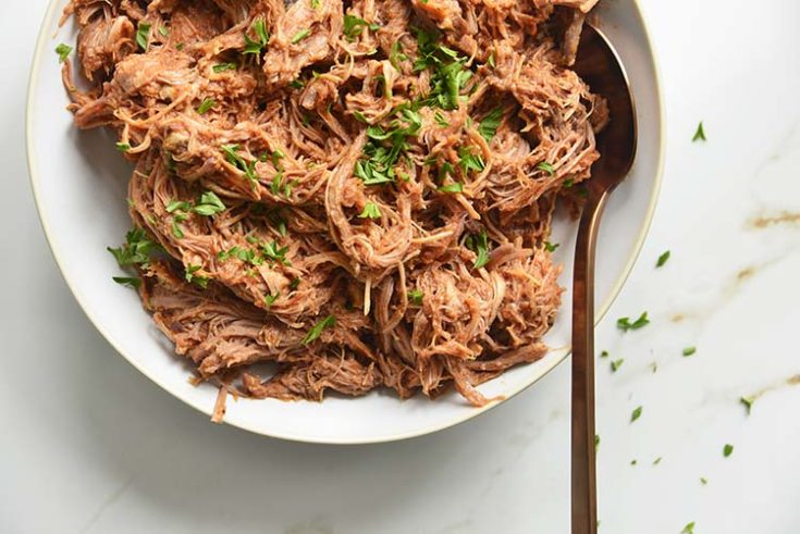 keto bbq pulled pork on a white bowl with parsley
