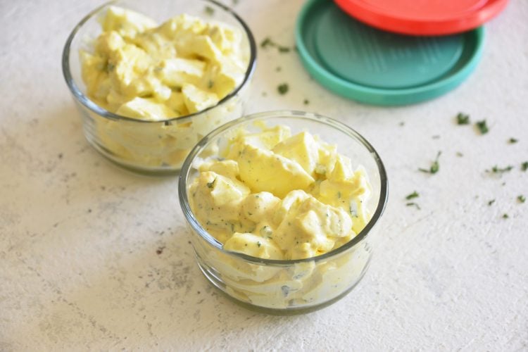 image of keto egg salad in a clear storage bowl