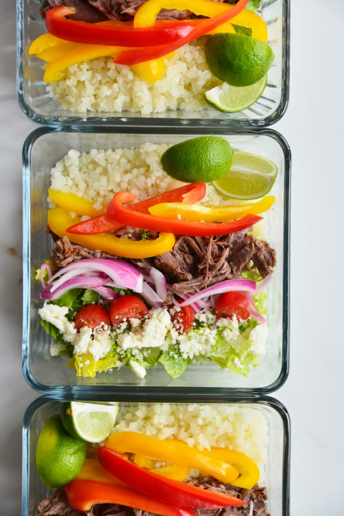 3 prepared keto chipotle bowls in square glass meal prep containers