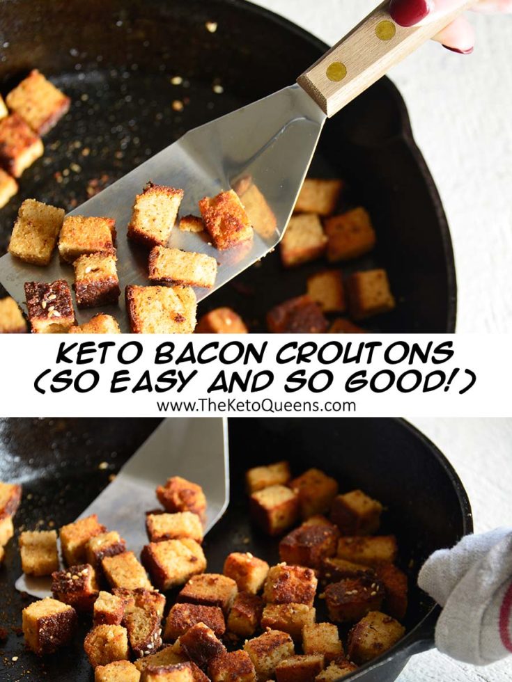 bacon croutons in a cast iron skillet with a wood handled spatula
