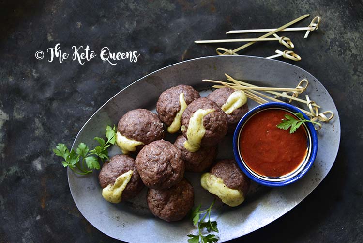 Keto Baked Italian Meatball Recipe (Cheese Stuffed) on Metal Platter