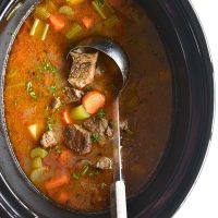crockpot beef stew low carb in a black ceramic shell