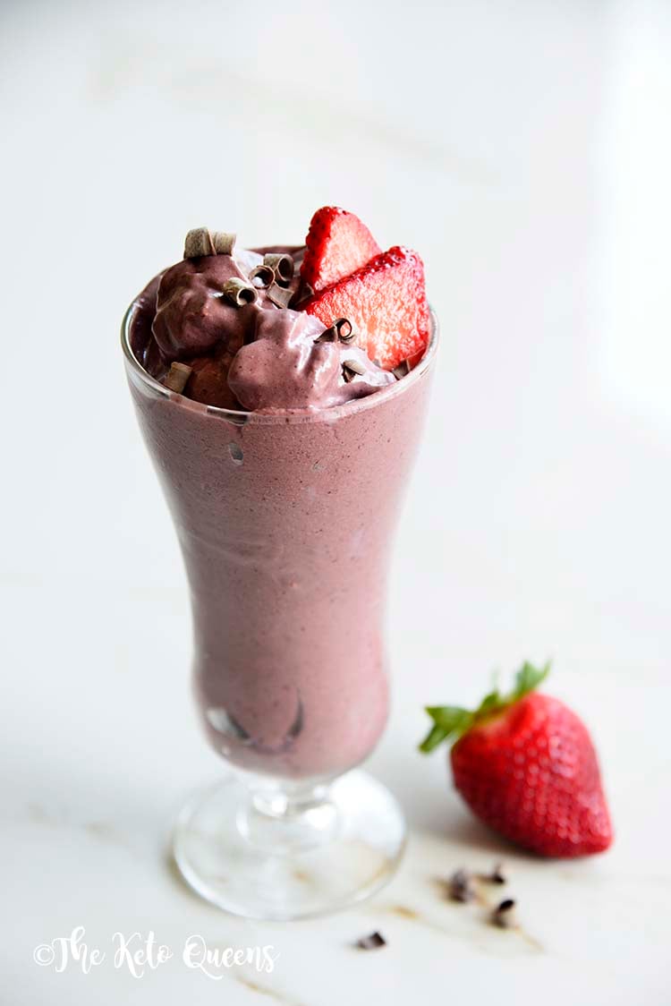 Front View of Keto Chocolate Berry Truffle Smoothie Recipe with Strawberry Garnish