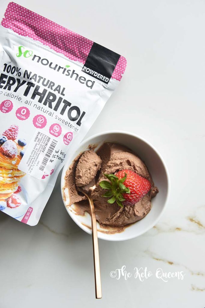 keto chocolate mousse with a so nourished erythritol package