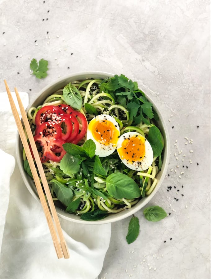 Zoodles make for the best low carb ramen noodles! Today we are sharing a video on how to make ramen noodles with a low carb twist. In this keto ramen recipe, the only thing that will be lacking is the carbs! You'll still get that delicious ramen taste including a perfectly soft boiled egg!