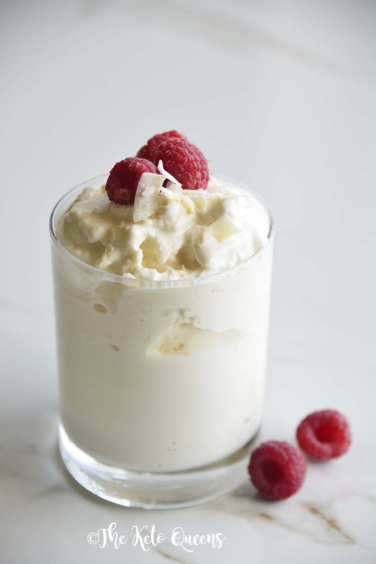 Front View of Keto Vanilla Milkshake Recipe with Red Raspberries