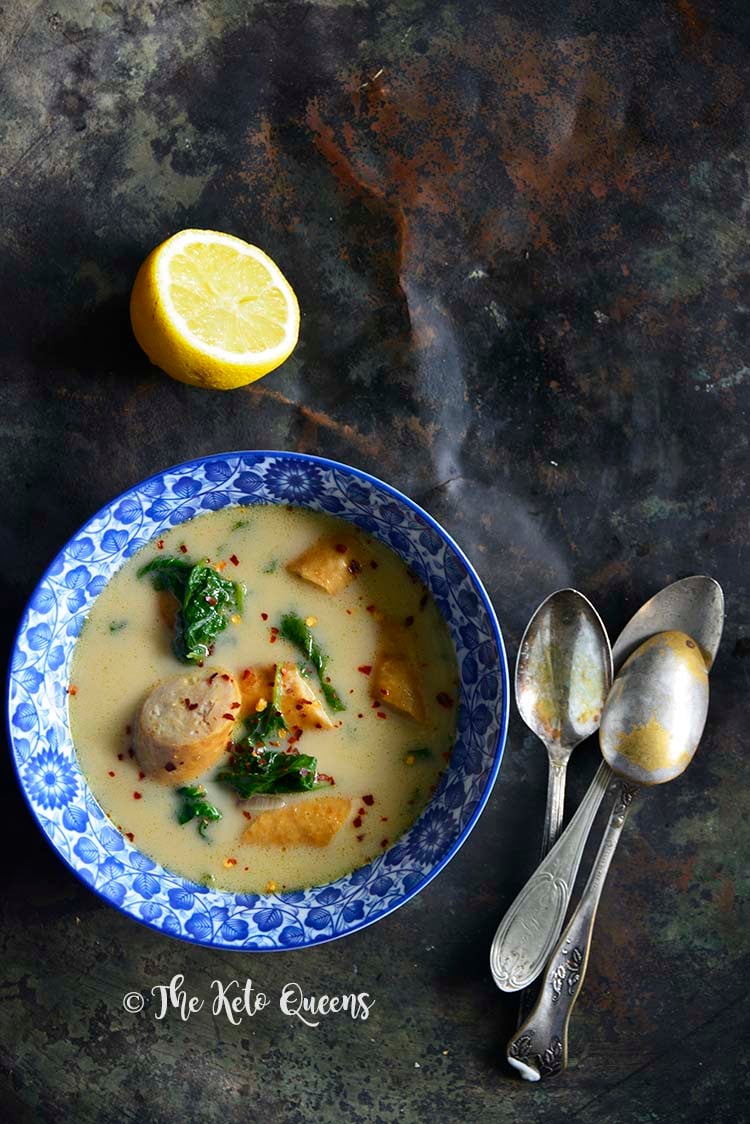 Keto Weeknight Creamy Sausage and Spinach Soup on Metal Tray