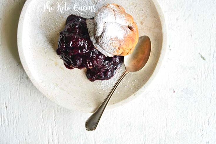 horizontal image of Low Carb Brioche Bread with homemade low carb blueberry sauce