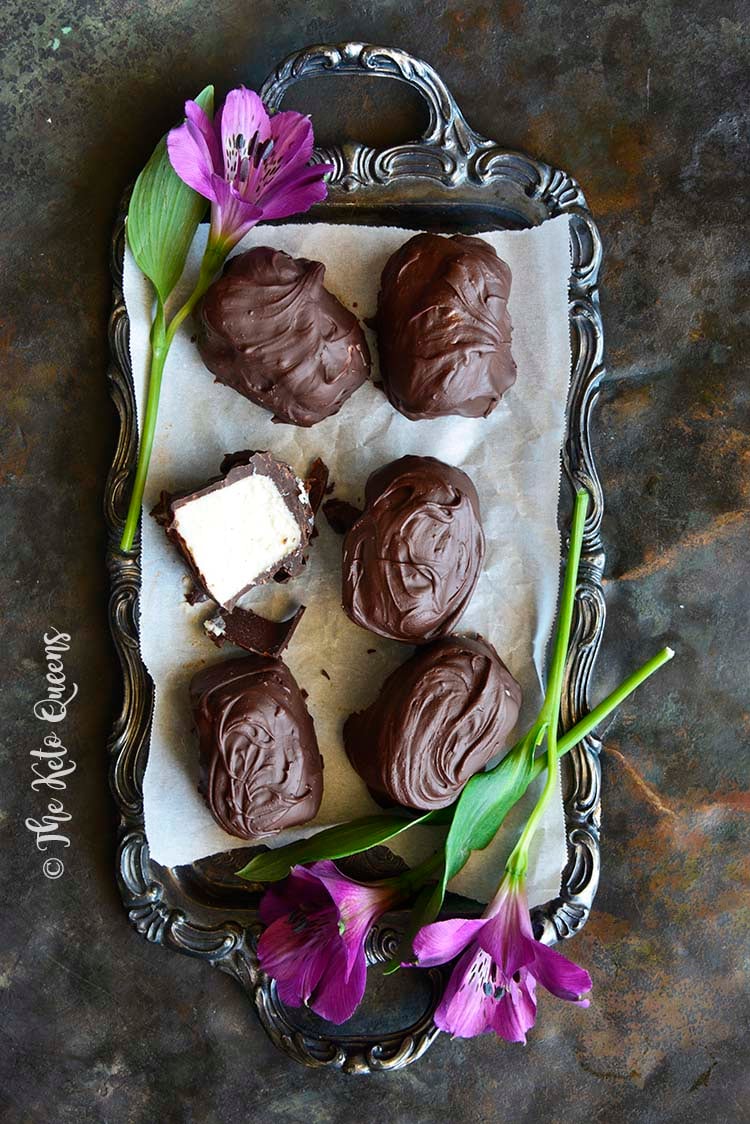 Low Carb Chocolate Covered Vanilla Buttercream Truffle Candy (Keto Fat Bombs) on Vintage Tray
