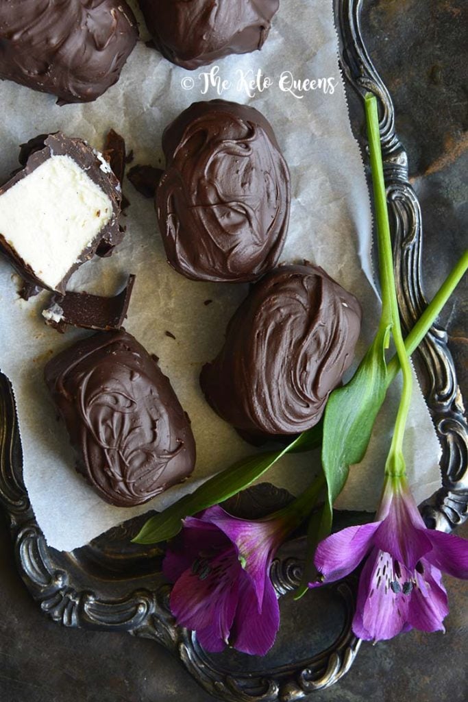Close Up of Low Carb Chocolate Covered Vanilla Buttercream Truffle Candy (Keto Fat Bombs)