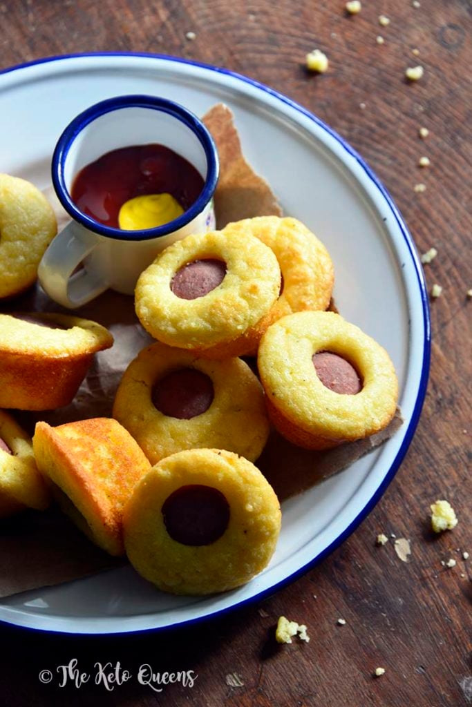 Close Up of Plate of Low Carb Corn Dog Bites Recipe (Kid Friendly Keto Snack)