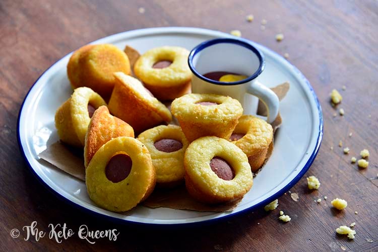 Plate of Low Carb Corn Dog Bites Recipe (Kid Friendly Keto Snack)