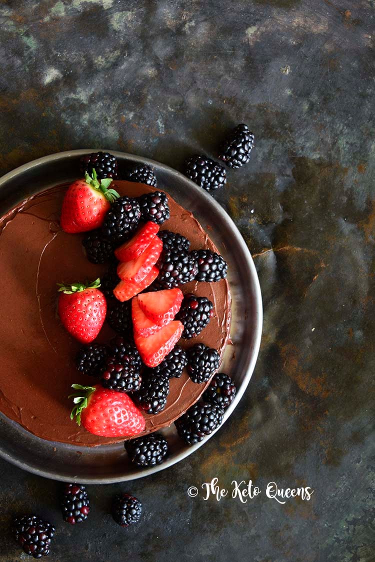 Overhead View of Low Carb Flourless Chocolate Cake Recipe with Fudgy Chocolate Frosting