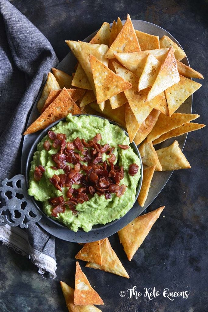 Low Carb Keto Tortilla Chips with Garlicky Bacon Guacamole