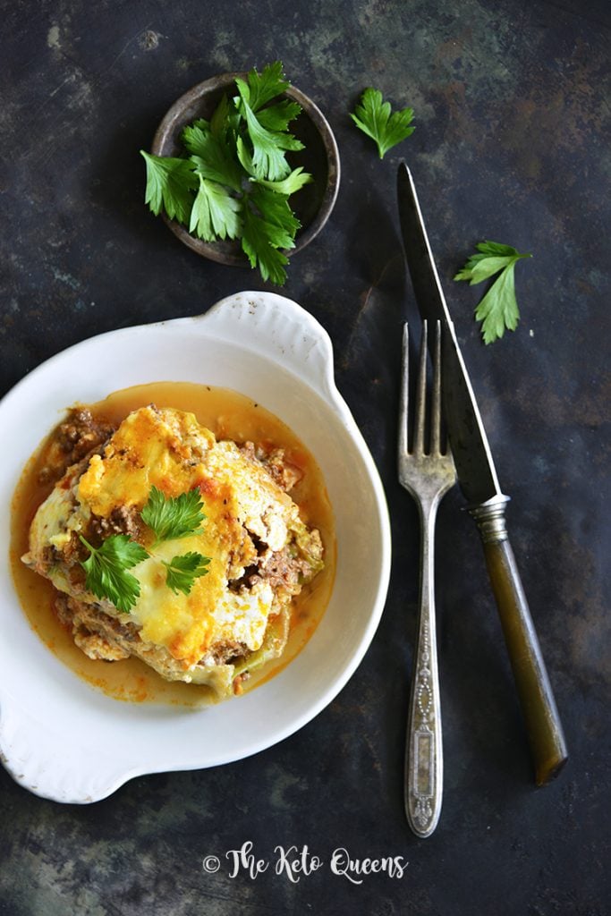 Low Carb Lasagna with Easy Meat Sauce and Cabbage Noodles with fork and knife
