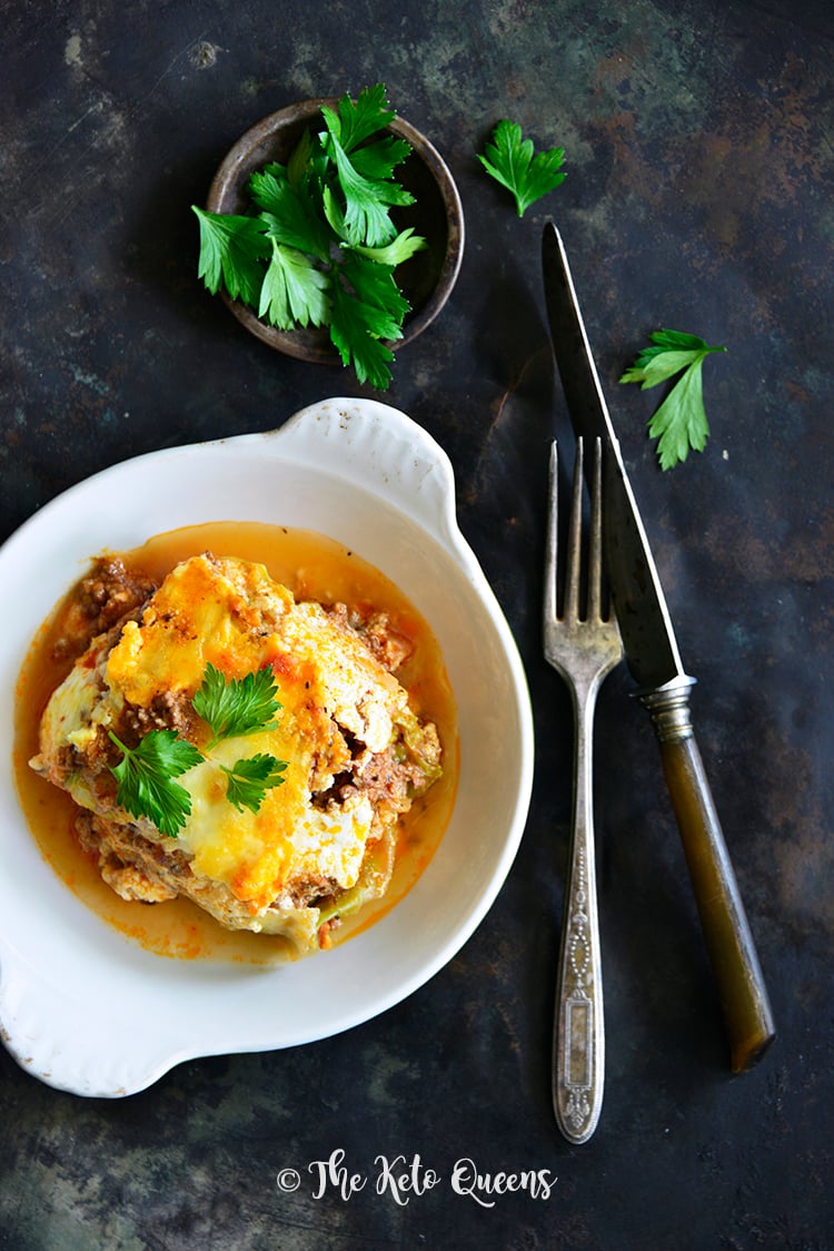 Low Carb Lasagna with Easy Meat Sauce and Cabbage Noodles with fork and knife