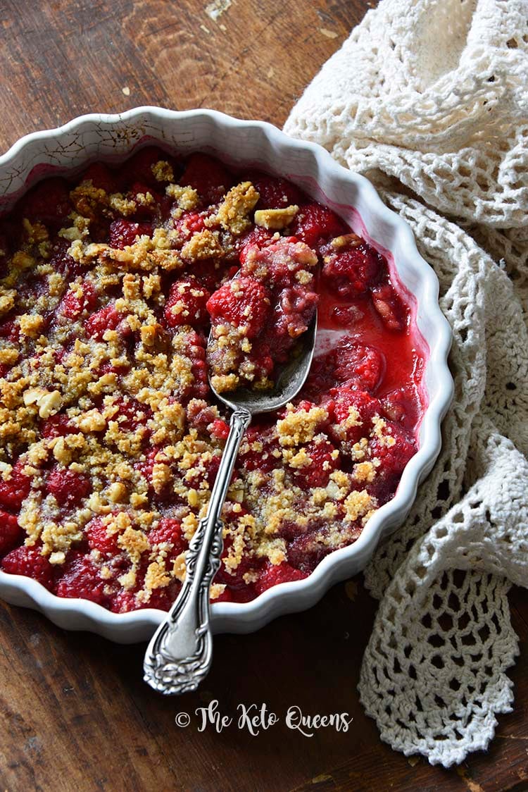 Low Carb Raspberry Crisp Recipe (Keto Fruit Dessert) on Wooden Table