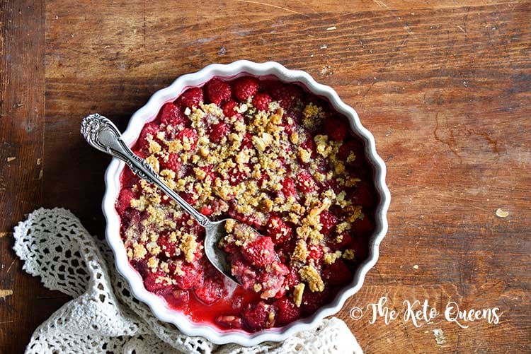 Top View of Low Carb Raspberry Crisp Recipe (Keto Fruit Dessert)