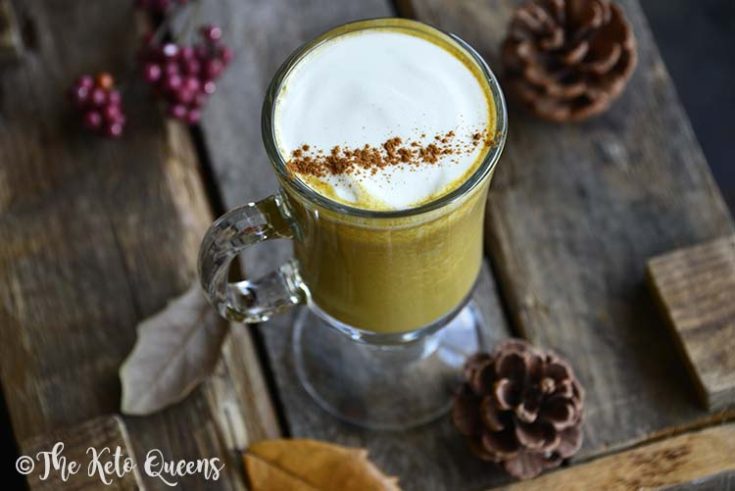 Low Carb Sugar Free Pumpkin Spice Latte with Autumnal Leaves and Pinecones