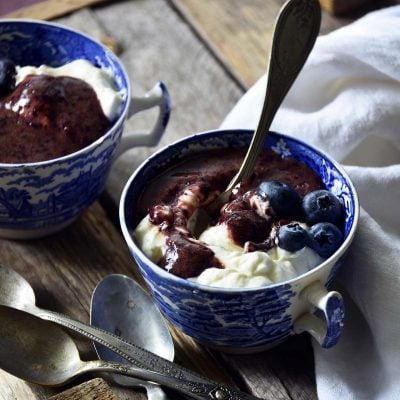 no bake vanilla cheesecake mousse with fresh blueberry sauce featured image