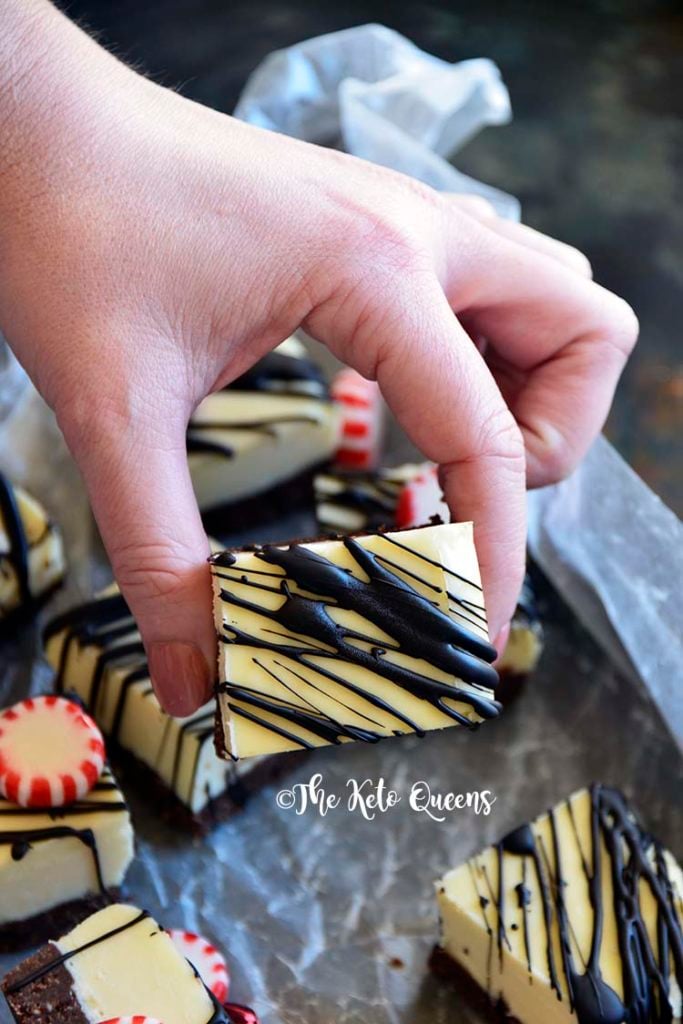 With a cool and creamy peppermint cheesecake filling and a sugar free chocolate cookie crust, people won’t know these Peppermint Chocolate No Bake Keto Cheesecake Bites are low carb unless you tell them!