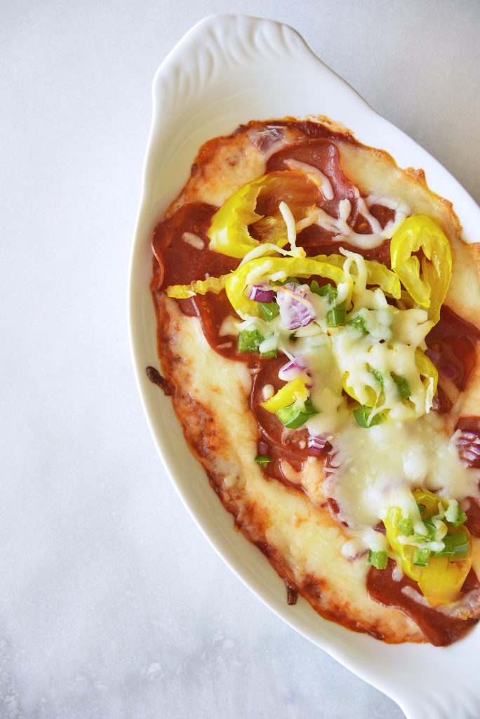 Easy Keto Pepperoni Pizza Dip Recipe in a white casserole dish