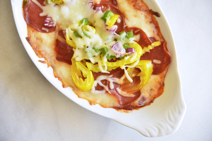 Easy Keto Pepperoni Pizza Dip Recipe in a white casserole dish