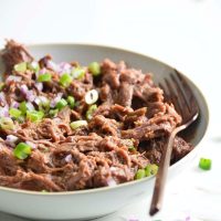 low carb pulled bbq beef recipe in a bowl with a fork on a white background
