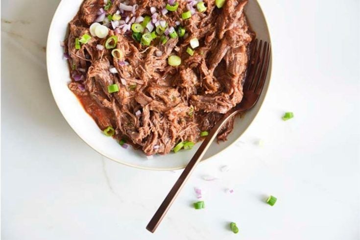 low carb pulled bbq beef recipe in a bowl with a fork on a white background