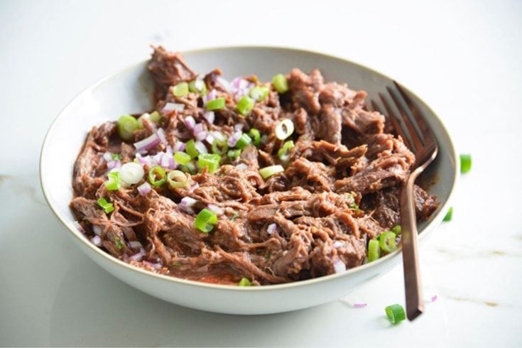low carb pulled bbq beef recipe in a bowl with a fork on a white background