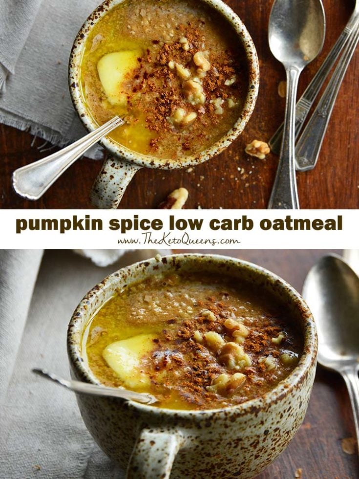 pumpkin spice keto oatmeal in a mug with spoons and linen on a wood surface