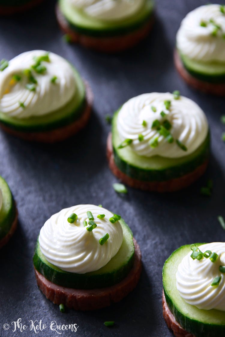 Keto Summer Sausage Cucumber Bites with Cream Cheese Mousse and Fresh Chives